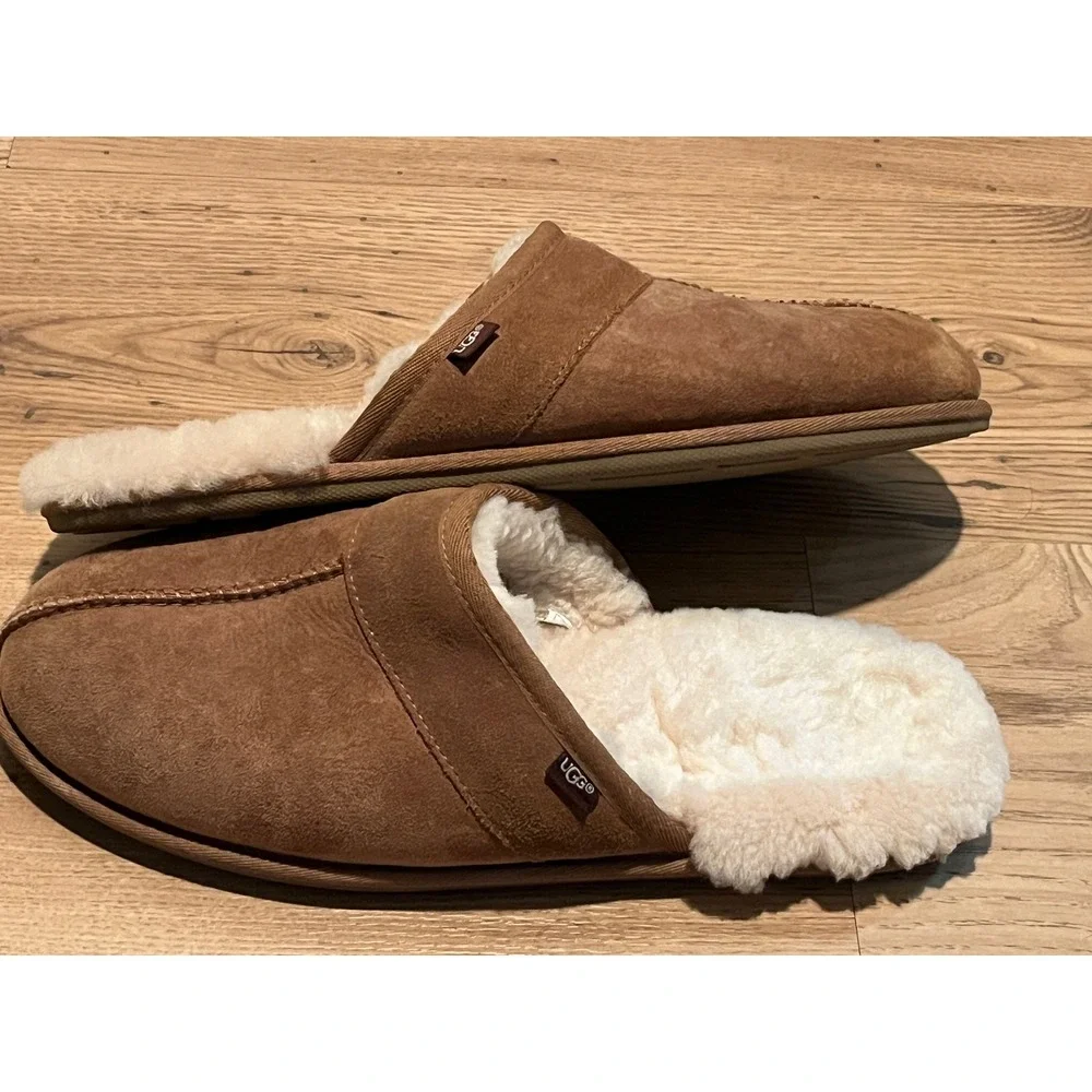 UGG Scuff Slipper Mens 12 Brown Suede Sheepskin Lining House Shoes Slip On Warm